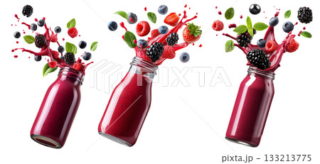 Vibrant berry smoothie splashing from glass bottle, surrounded by fresh fruits and mint, isolated on white background 133213775
