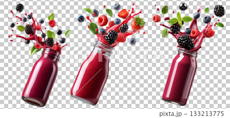 Vibrant berry smoothie splashing from glass bottle, surrounded by fresh fruits and mint, isolated on white background 133213775