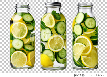 Sliced lemon, cucumber, and mint in glass jar with water splashing, isolated on white transparent background 133213777