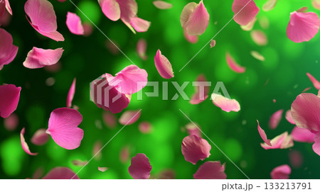 ピンクの花びらがグリーンバックに舞い落ちる 133213791
