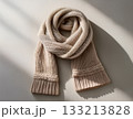 柔らかな中間色背景に置かれた冬のマフラー 133213828