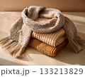柔らかな中間色背景に置かれた冬のマフラー 133213829