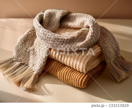 柔らかな中間色背景に置かれた冬のマフラー 133213829