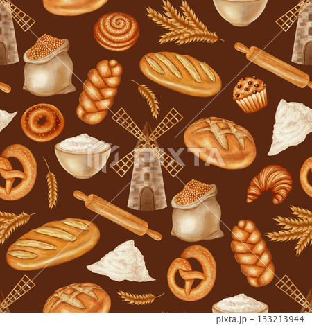 Watercolor seamless pattern with bread, pastries, flour, and a mill. Perfect for bakeries, cafes, packaging, branding, menu design, cookbooks, and recipes. Harvest. Bakery products. 133213944