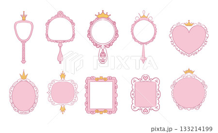 Princess frame mirror set line fairy. Whimsical cute doodle mirrors with crown for baby princess. Collection elegant pastel decor. 133214199