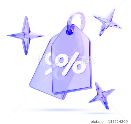 3d glass holographic flash sale price tag icon render. Purple blue gradient discount label with percent sign and sparkling stars on white background. Special offer tag hanging on ring. 3D illustration 3d glass holographic flash sale price tag icon render. Purple blue gradient discount label with percent sign and sparkling stars on white background. Special offer tag hanging on ring. 3D illustration 133214209