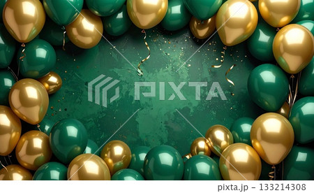 緑と金のバルーンが彩る華やかな背景フレーム8 133214308