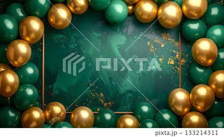 緑と金のバルーンが彩る華やかな背景フレーム5 133214311
