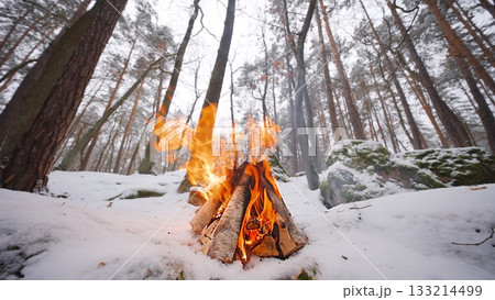 Beautiful Crackling Campfire in the Winter Spruce Forest , Authentic Place Beautiful Crackling Campfire in the Winter Spruce Forest , Authentic Place 133214499