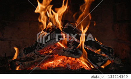 Ancient Castle Fireplace in Clay Oven , Close-up 133214549