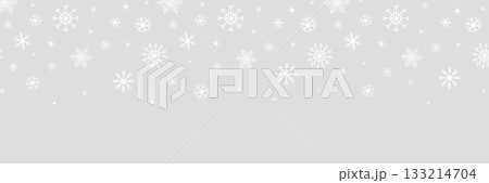 Christmas snowflake gray banner. White snowflakes frame. Happy Holiday card. Hello winter border. Color snowfall frame. Flying confetti. Celebration design. Vector illustration 133214704