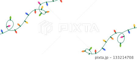 Christmas color light string garland frame. Holiday bright decoration. New Year luxury string baubles. Celebration party background. Fairy glowing bulb. Led neon lamp banner. Vector illustration Christmas color light string garland frame. Holiday bright decoration. New Year luxury string baubles. Celebration party background. Fairy glowing bulb. Led neon lamp banner. Vector illustration 133214708