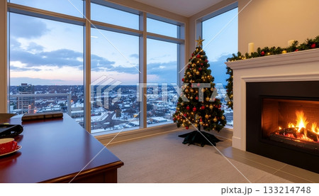 暖炉とツリーのある雪景色が見えるクリスマスオフィス 133214748