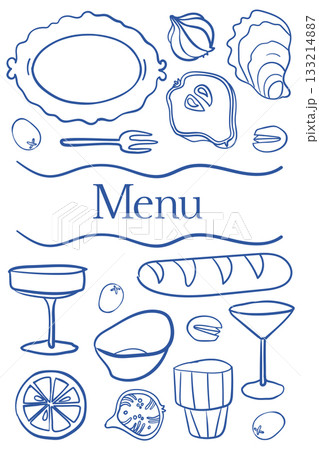 Hand-drawn card with menu cover template. Dish and fruits, baguette, seafood and cocktail glasses and olives drawings.  133214887