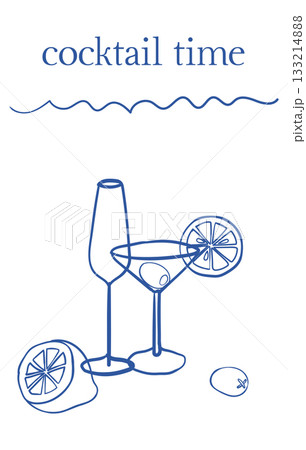 Hand-drawn card with menu template Cocktail time title and cocktail glasses with lemon and olives drawings 133214888