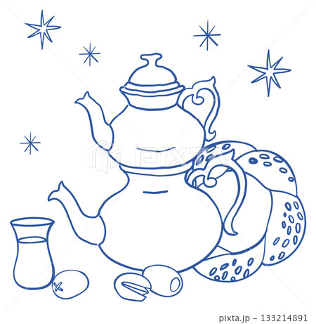 Hand-drawn graphic blue line art composition with Turkish traditional food and drink , tea and simit, in Mediterranean style Hand-drawn graphic blue line art composition with Turkish traditional food and drink , tea and simit, in Mediterranean style 133214891