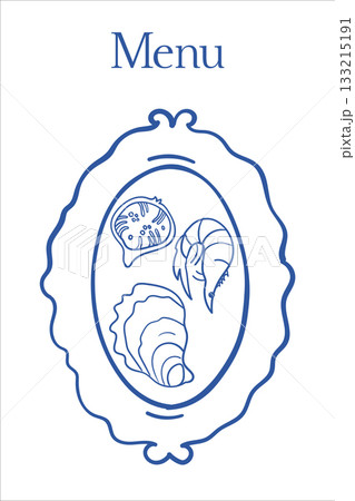Hand-drawn card with menu cover:dish, seafood oyster and shrimp drawings.  133215191