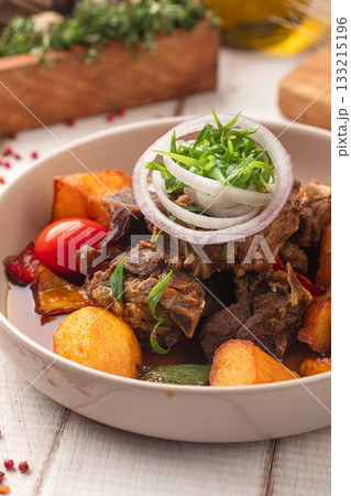 Fried meat with potatoes and onions Fried meat with potatoes and onions 133215196