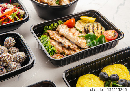 Healthy meal delivery with assorted dishes 133215246