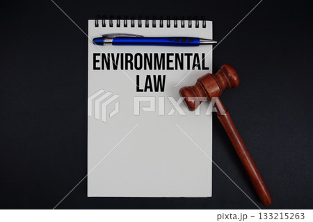 Environmental Law text written on notepad with gavel on black background Environmental Law text written on notepad with gavel on black background 133215263