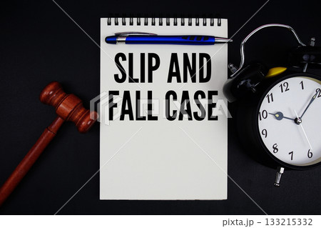 Slip and Fall Case text written on notepad with gavel and alarm clock on black background Slip and Fall Case text written on notepad with gavel and alarm clock on black background 133215332
