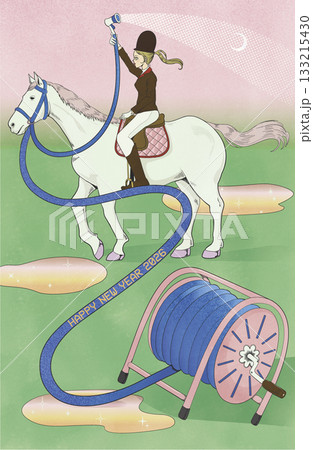 馬に乗る女性がホースで水を撒く、カラフルで楽しい2026年賀状デザインのイラスト 133215430