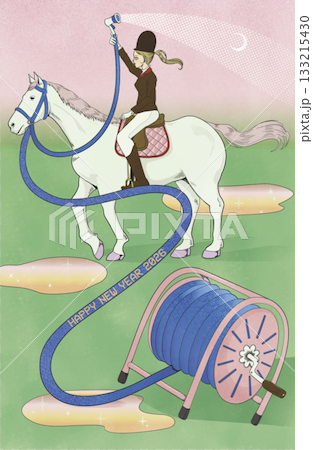 馬に乗る女性がホースで水を撒く、カラフルで楽しい2026年賀状デザインのイラスト 133215430