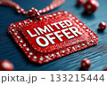 Red shiny tag with Limited Offer text and bead decorations. Luxury sale, exclusive promotion, special discount marketing. Black Friday, Cyber Monday, seasonal sales. Festive advertising, e-commerce. Red shiny tag with Limited Offer text and bead decorations. Luxury sale, exclusive promotion, special discount marketing. Black Friday, Cyber Monday, seasonal sales. Festive advertising, e-commerce. 133215444