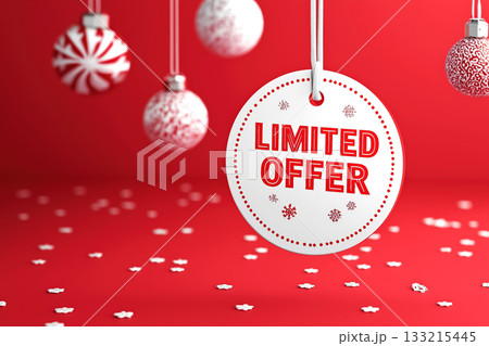Festive limited offer label design with copy space. Christmas, New Year sale campaign. Winter marketing, retail promotion, discount advertising, seasonal sales, holiday concept. Bright red background. 133215445