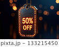Glowing black tag 50 percent off. Sale holiday promotion, limited time retail offer, digital shopping discount, advertising banner, store, e-commerce marketing campaign. Seasonal sales concept. Glowing black tag 50 percent off. Sale holiday promotion, limited time retail offer, digital shopping discount, advertising banner, store, e-commerce marketing campaign. Seasonal sales concept. 133215450