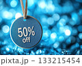 Blue sale 50 percent off label design with copy space. Winter holidays, retail campaign, seasonal discount advertising, special offers, clearance, promotional marketing. Christmas, New Year sales. Blue sale 50 percent off label design with copy space. Winter holidays, retail campaign, seasonal discount advertising, special offers, clearance, promotional marketing. Christmas, New Year sales. 133215454