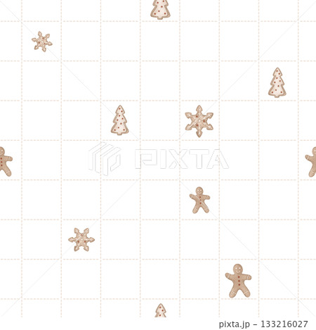 Christmas seamless pattern with gingerbread man and cookies in the shape of a snowflake and tree. Repeat new year ornament with illustration sweet winter cookie on checkered background 133216027