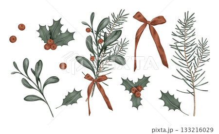 Christmas set with pine branches, fir tree, bow, holly, red berries. Illustrations for New year design in muted tones. Clipart xmas plants in red and green colors Christmas set with pine branches, fir tree, bow, holly, red berries. Illustrations for New year design in muted tones. Clipart xmas plants in red and green colors 133216029
