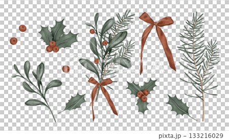Christmas set with pine branches, fir tree, bow, holly, red berries. Illustrations for New year design in muted tones. Clipart xmas plants in red and green colors Christmas set with pine branches, fir tree, bow, holly, red berries. Illustrations for New year design in muted tones. Clipart xmas plants in red and green colors 133216029