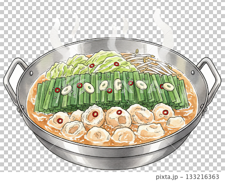 內臟火鍋（motsunabe）插圖，裡面有大量韭菜和內臟 133216363