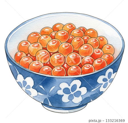 艶やかなイクラ（鮭の卵）が盛り付けられたお茶碗のイラスト 133216369