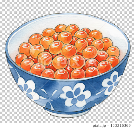 艶やかなイクラ（鮭の卵）が盛り付けられたお茶碗のイラスト 133216369