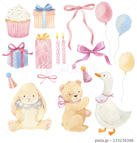 It's a girl. Watercolor hand-drawn set of baby girl illustrations pink tones, bear, bunny, goose, cupcake, ribbons, baloons. 133216386