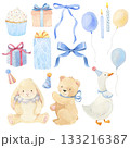 It's a boy. Watercolor hand-drawn set of baby boy illustrations blue tones, bear, bunny, goose, cupcake, ribbons, baloons. 133216387