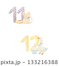 Baby numbers illustrations for birthday celebration party, nursery or milestones. Hand-drawn watercolor illustration with cute animals. 133216388