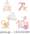 Baby numbers illustrations for birthday celebration party, nursery or milestones. Hand-drawn watercolor illustration with cute animals. 133216389