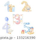Baby numbers illustrations for birthday celebration party, nursery or milestones. Hand-drawn watercolor illustration with cute animals. 133216390