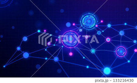 Digital technology hi-tech concept of supply chain strategy, showing interconnected nodes and data flow, with futuristic neon-lit graphics, subtle motion graphics, and a dark blue background that 133216430