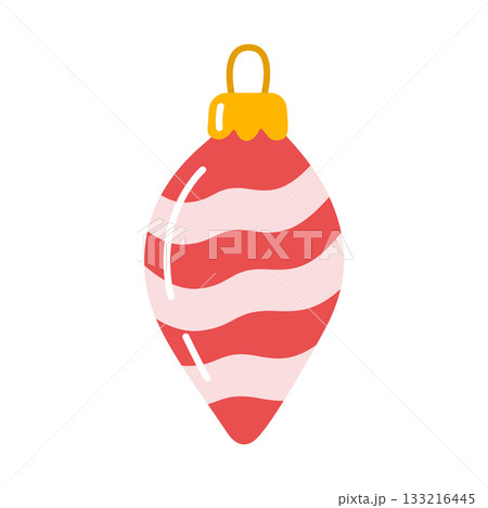 Hanging Christmas ornament, red and pink striped teardrop or icicle, flat vector illustration 133216445