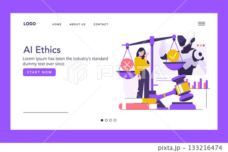 Vector illustration depicting a conversation on AI ethics, featuring a woman and a humanoid robot with scales. The scene symbolizes weighing ethical decisions in AI development. 133216474