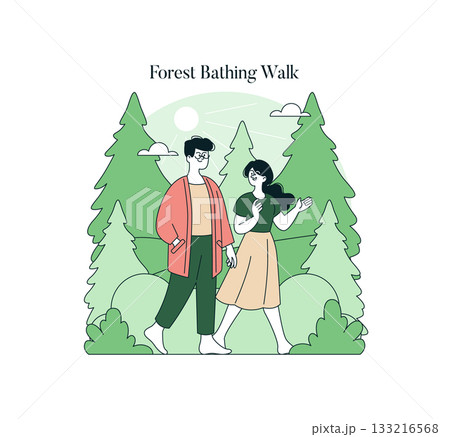 Vector illustration of a couple taking a leisurely walk in a peaceful forest setting. Surrounded by lush trees, they engage in a serene moment, reflecting tranquility and connection with nature. 133216568