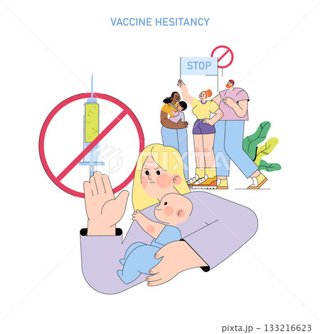 Vector illustration of vaccine hesitancy showing a worried mother holding a baby, with a protest against vaccination featuring a stop sign and crossed-out syringe. Vector illustration of vaccine hesitancy showing a worried mother holding a baby, with a protest against vaccination featuring a stop sign and crossed-out syringe. 133216623