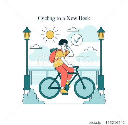 Vector illustration of a person cycling with a backpack on a sunny day. The individual is enjoying the ride in an urban setting surrounded by street lamps and clouds. 133216642