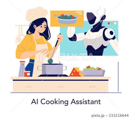 Chef collaborates with AI robot providing cooking instructions in a kitchen setting, illustrating advanced technology in culinary arts. The scene showcases harmony between human creativity and AI Chef collaborates with AI robot providing cooking instructions in a kitchen setting, illustrating advanced technology in culinary arts. The scene showcases harmony between human creativity and AI 133216644