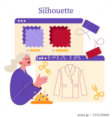Fashion design interface vector illustration showing a designer interacting with a digital platform. Includes fabric swatches, sewing tools, and a digital clothing pattern layout. 133216660